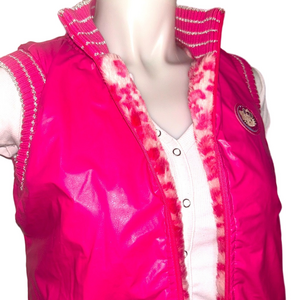 Vintage Hello Kitty Patch Pink Puffer Vest Reversible Animal Print Zip Up